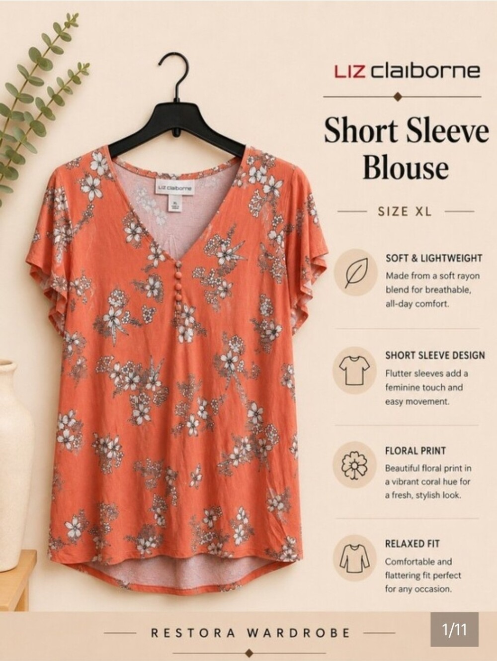 Liz Claiborne Boho Coral Floral V Neck Flutter Sleeve Tunic Blouse XL